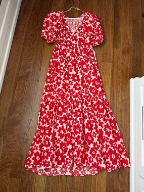 Zara Red Floral Puff-Sleeve Maxi Dress on Cream